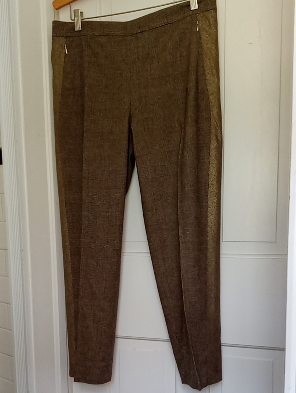 per se by Carlisle Brown Wool Glen Plaid Tuxedo Pants Metallic Gold Stripe Sz 10